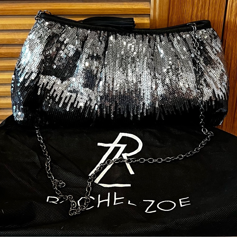 Rachel Zoe Black/Silver Sequin Clutch with Chain NWOT💎